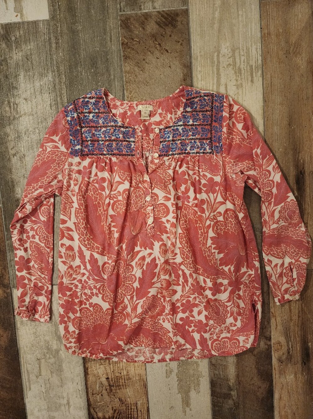 J. Crew Coral and Blue Floral Button-Front Top
